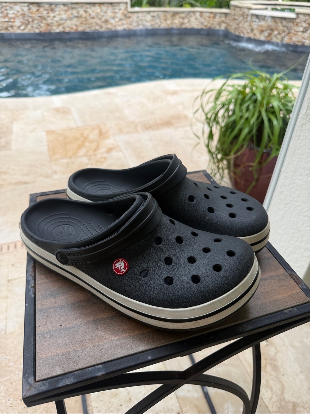 CROCS Navy Classic Clogs with Ivory Stripe